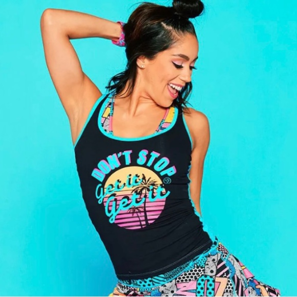 Zumba Racerback Tank XL Teal & Black “DON’T STOP GET IT GET IT” Zumba Logos NWT